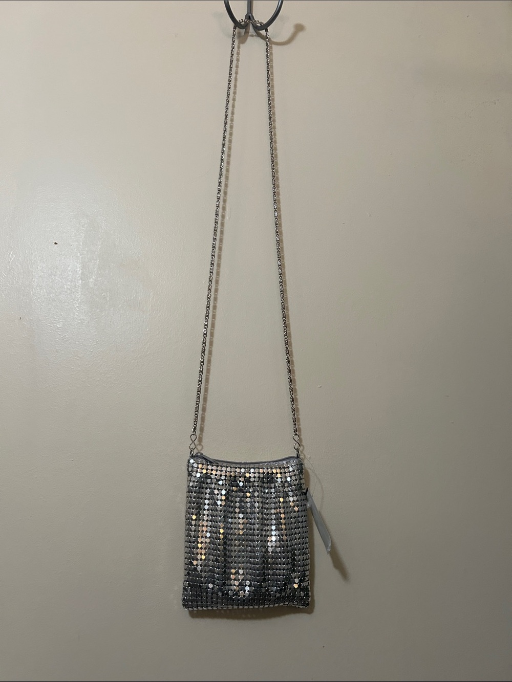 Silver Sequin Crossbody Bag with Chain Strap